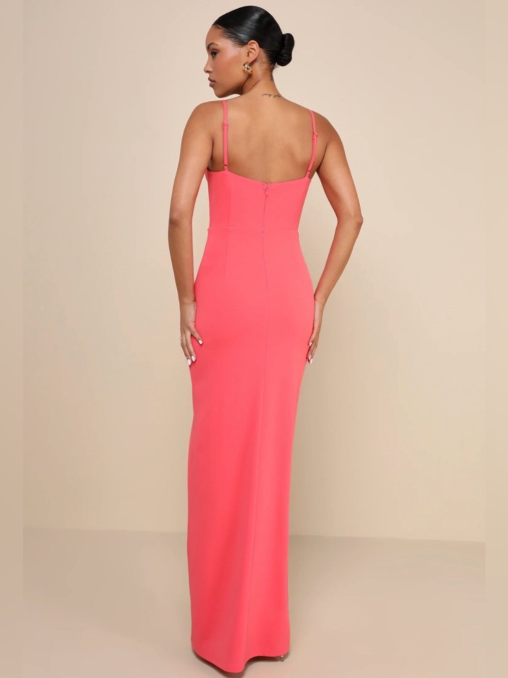 NWT Lulus Coral Pink Spaghetti Strap With Slit Evening Gown Small - Picture 2 of 9